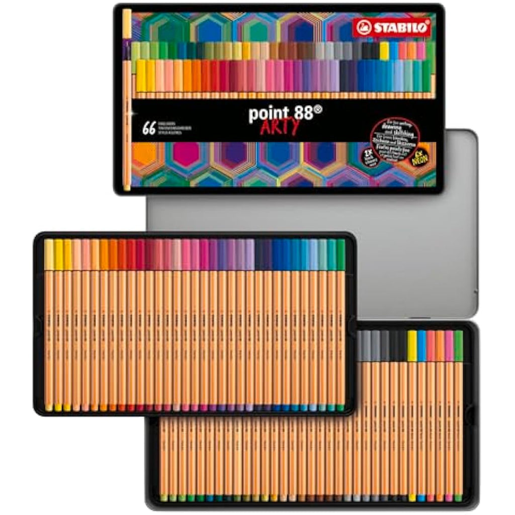 STABILO Point 88 Fineliner Pens - ARTY Metal Tin of 66 Assorted Colours