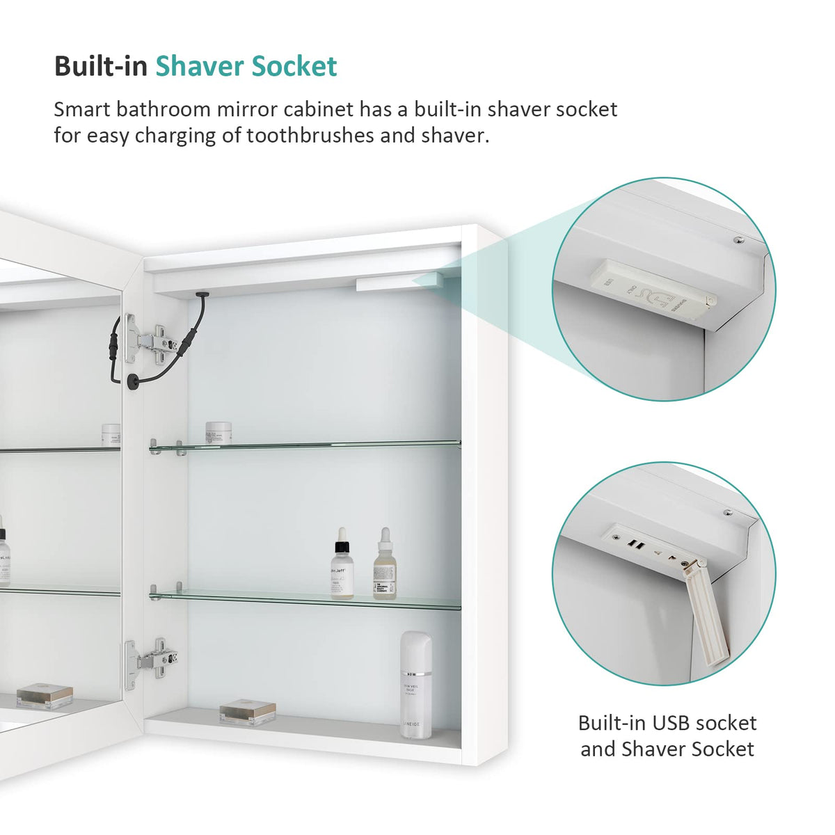 EMKE Led Bathroom Mirror Cabinet, Bathroom Wall Mirror Cabinet with Led Lights with Shaver Socket, Illuminated Mirror Cabinet with Dimmable