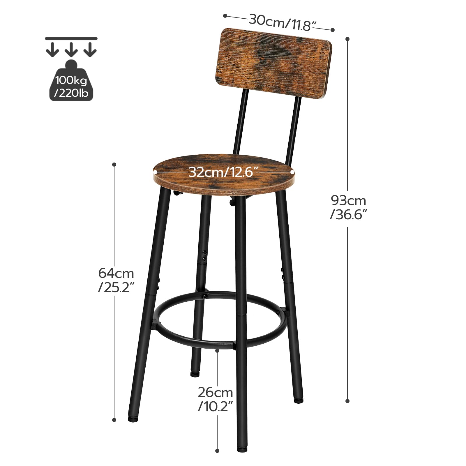 HOOBRO Bar Stools Set of 2 | Industrial Kitchen Stools - Rustic Brown