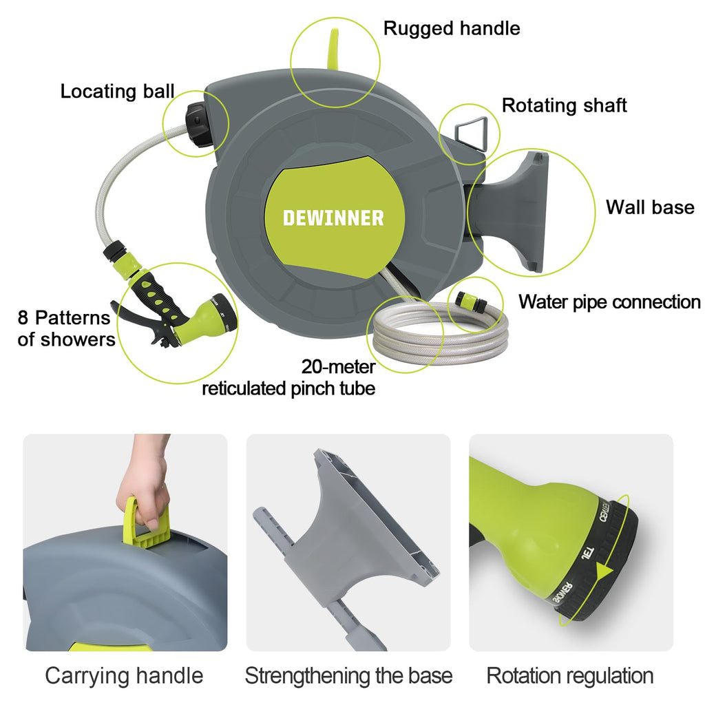 DEWINNER Wall Mount Garden Hose Reel | 20M Auto Rewind Hose Pipe