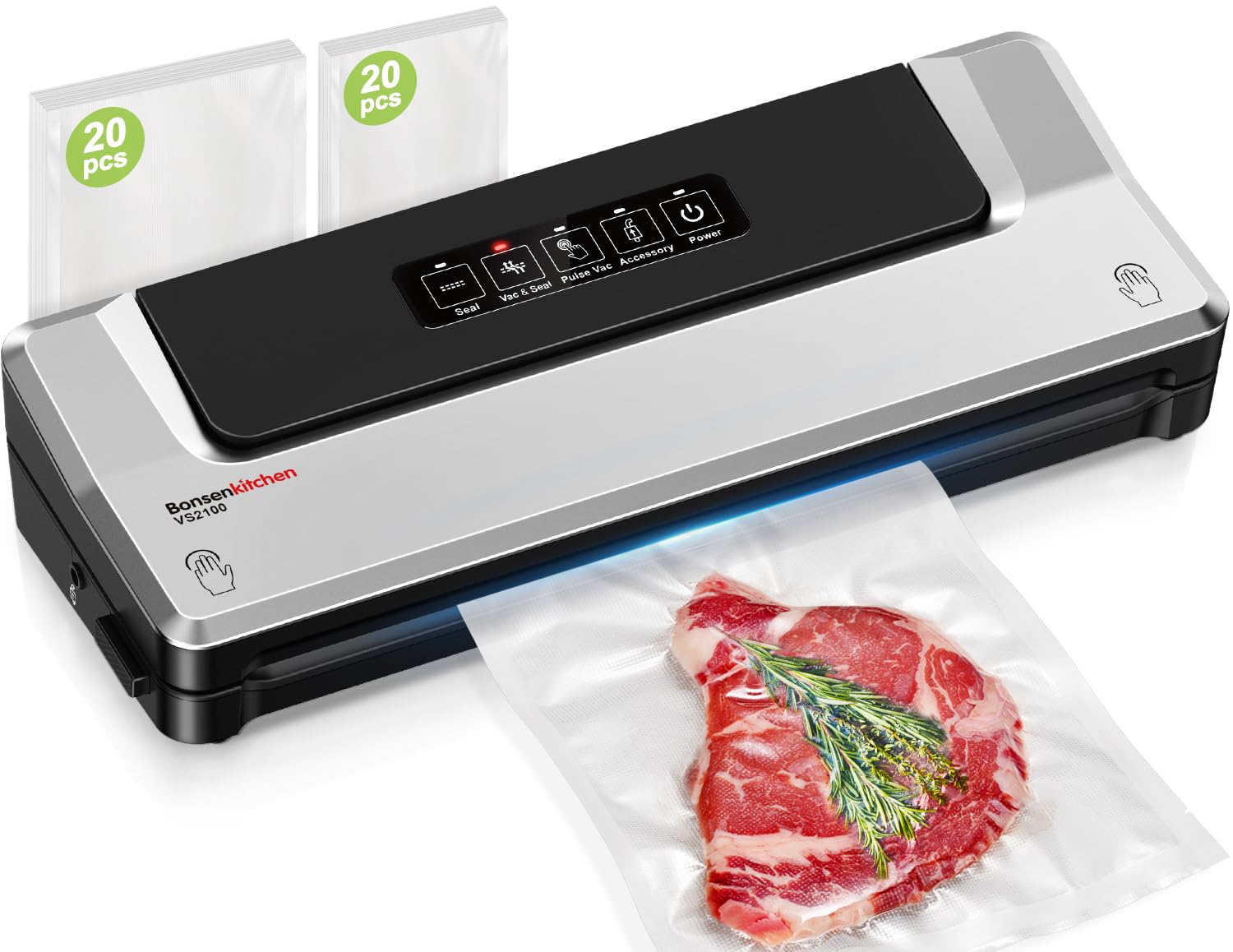 Bonsenkitchen Vacuum Sealer Machine with 40 Bags for Sous Vide - Silver