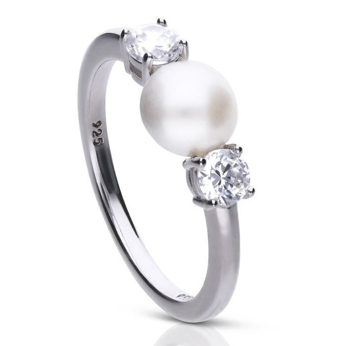 Shell Pearl and Zirconia Trilogy Ring by Gecko Jewellery Retail