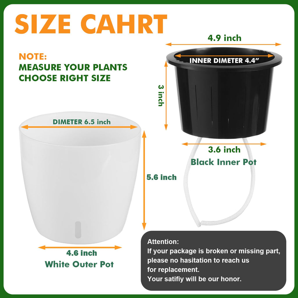Jolof Store 6.7 Inch Self Watering Plant Pots - 6 Pack White Wick Planters