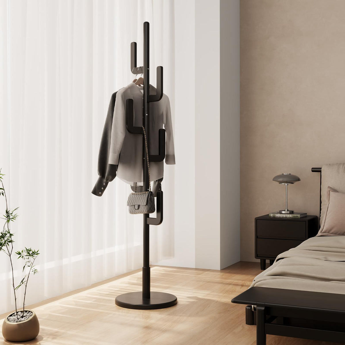 AQIMUELE Coat Stand, Woodem Coat Rack Stand - Cactus Design with 6 Hooks, Sturdy and Easy Assembly for Hallway Entryway, Hat Stand for Clothes Black - image 1