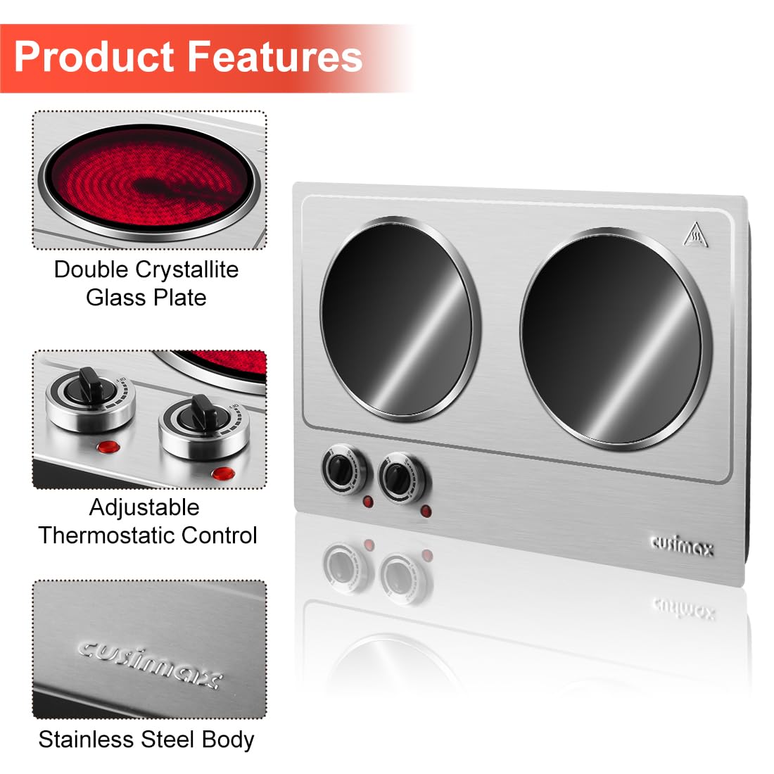CUSIMAX 2400W Double Electric Hob | Portable Ceramic Hot Plate Cooktop