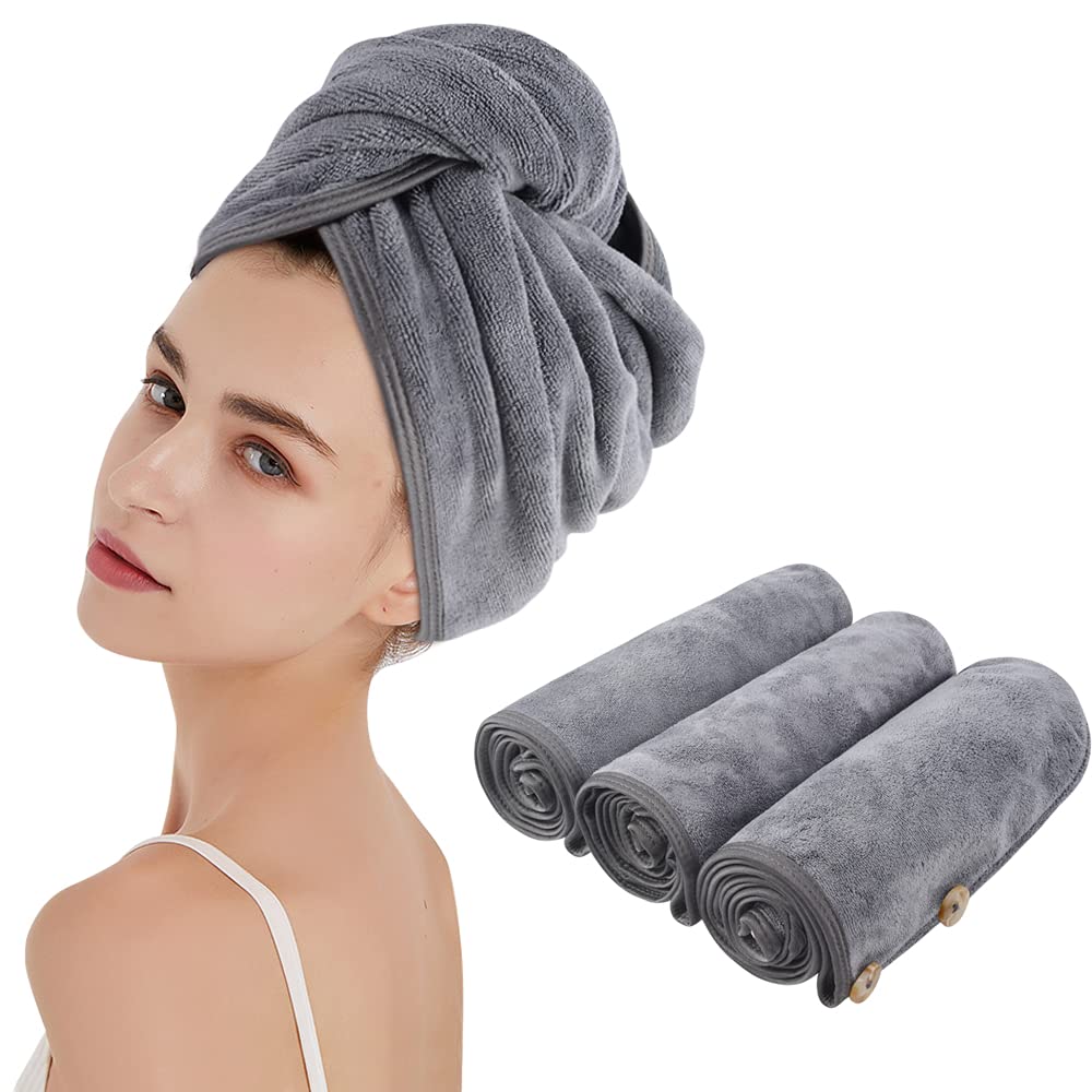 KinHwa Microfiber Hair Towel Wrap | Super Absorbent Turban - 3 Pack Grey