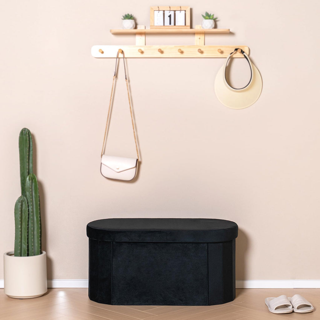 Bonlife Black Velvet Storage Ottoman Bench – Foldable Oval Toy Box