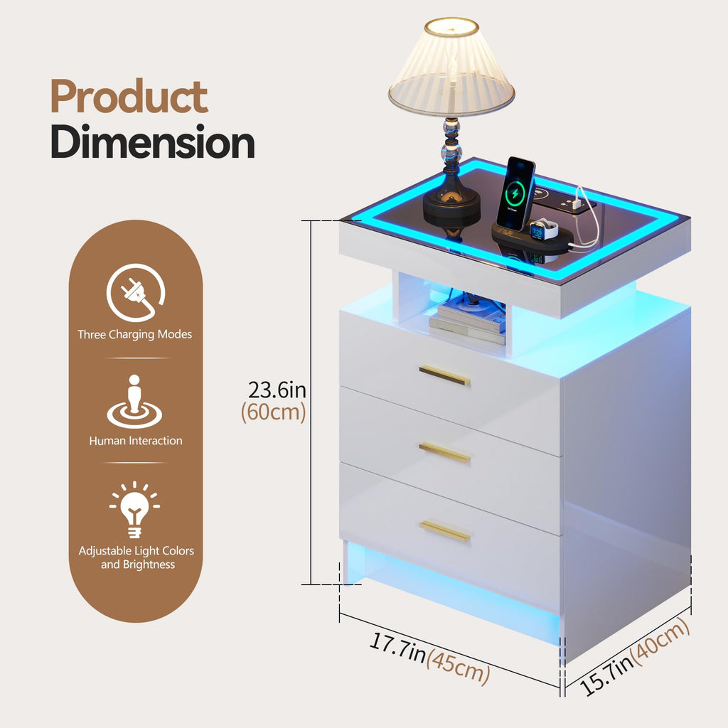 Gurexl LED Bedside Table with Glass Top and 3 IN 1 Charging Station,White - image 2