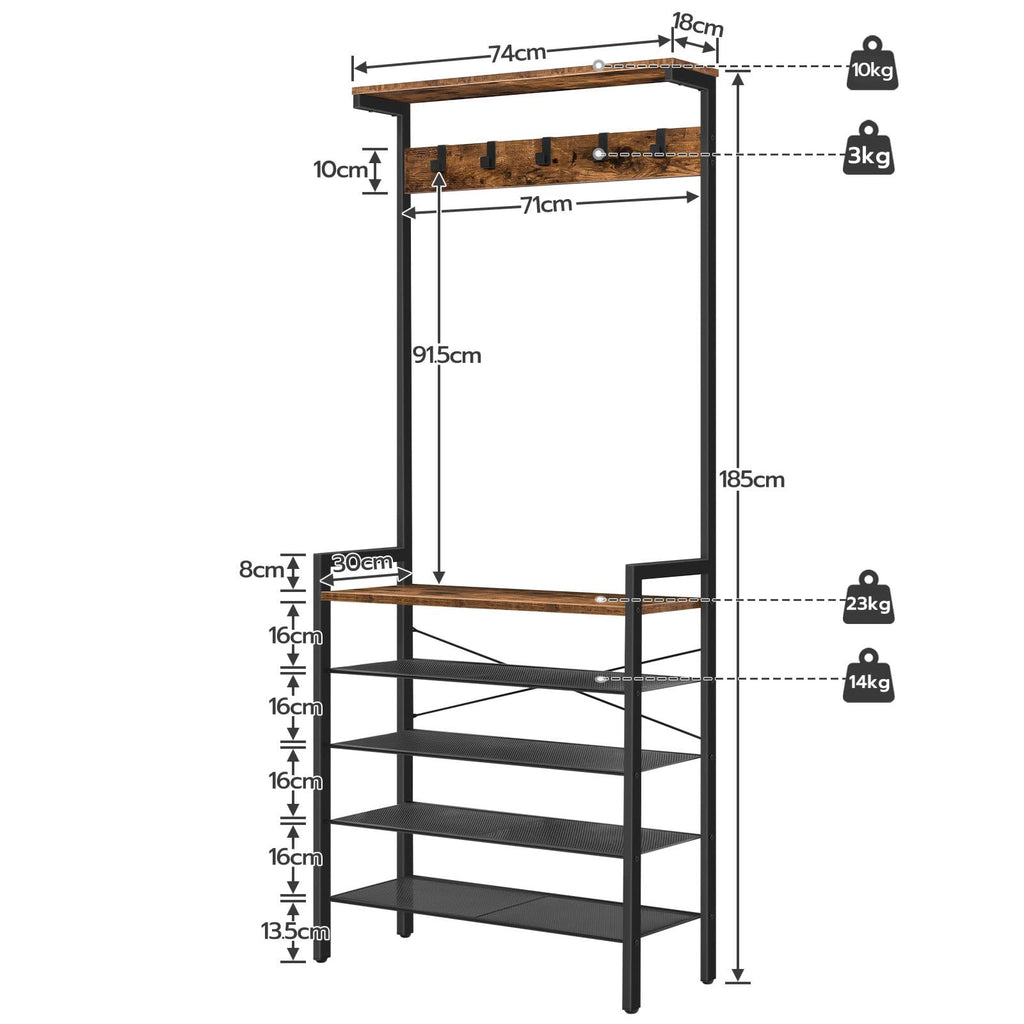 HOOBRO Industrial Hall Tree – Coat Rack with Shoe Storage and 5 Hooks