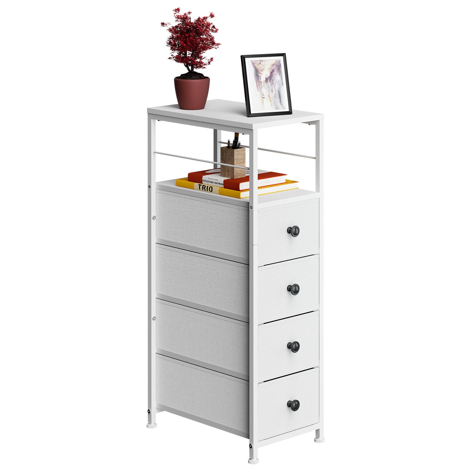 Shinoske Slim 4-Drawer Fabric Dresser – Narrow Storage Tower, White