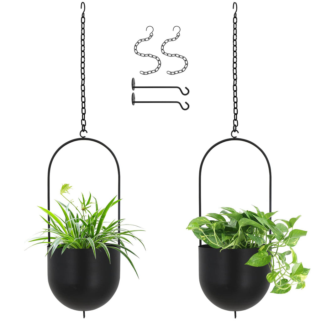 ibigbean Set of 2 Metal Hanging Planters | Matte Black Modern Flower Pots