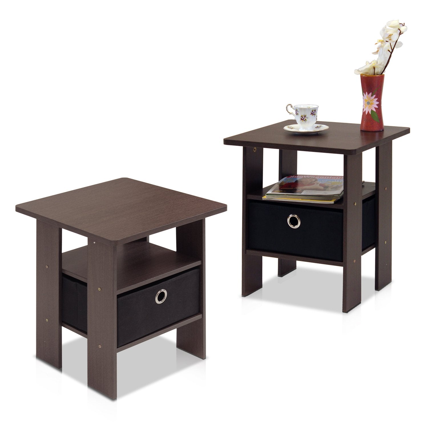 Furinno Andrey Side Table Set of 2 | Nightstand with Storage Bin