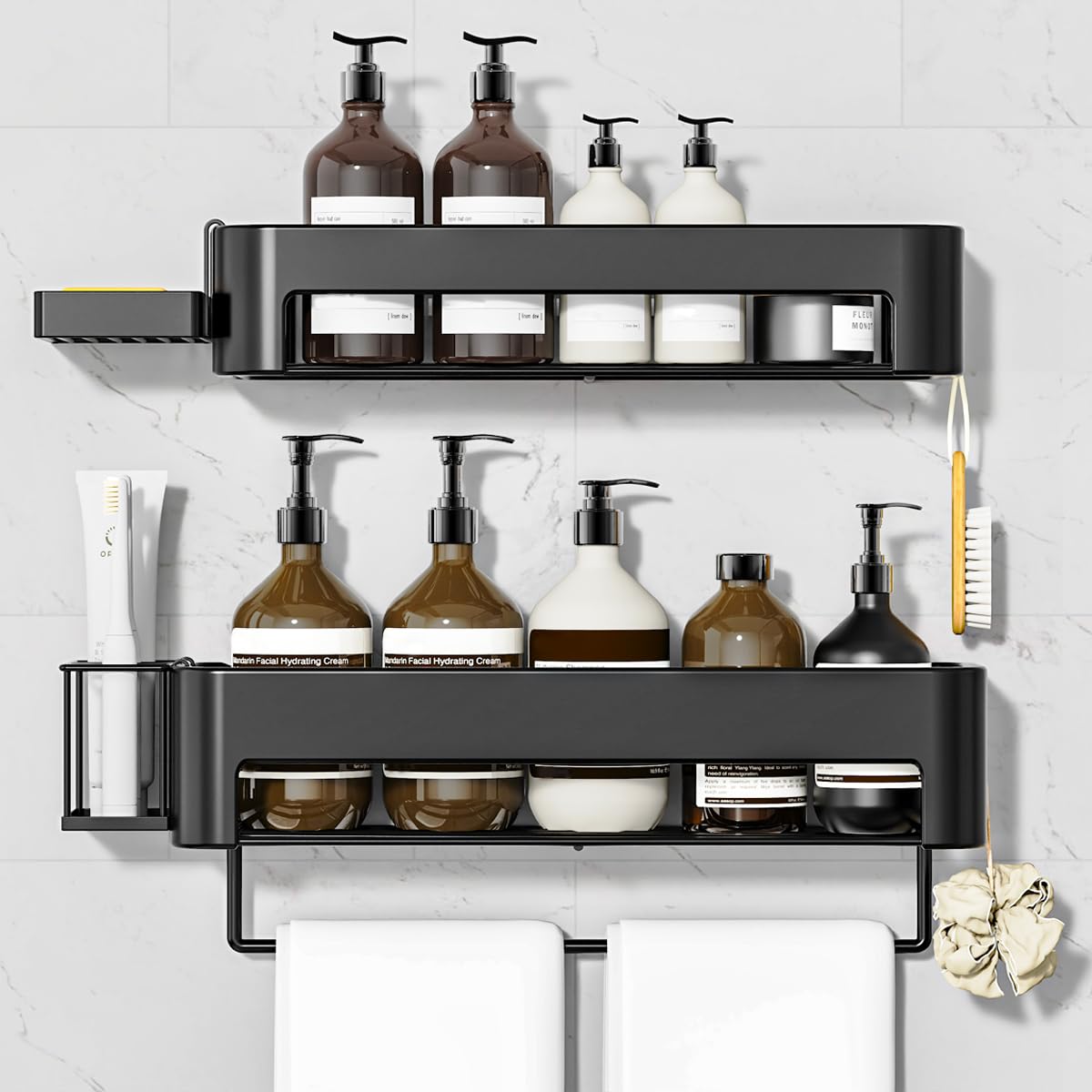 Necvha Rustproof Shower Caddy - 4 Pack No-Drill Adhesive Shelves, Black