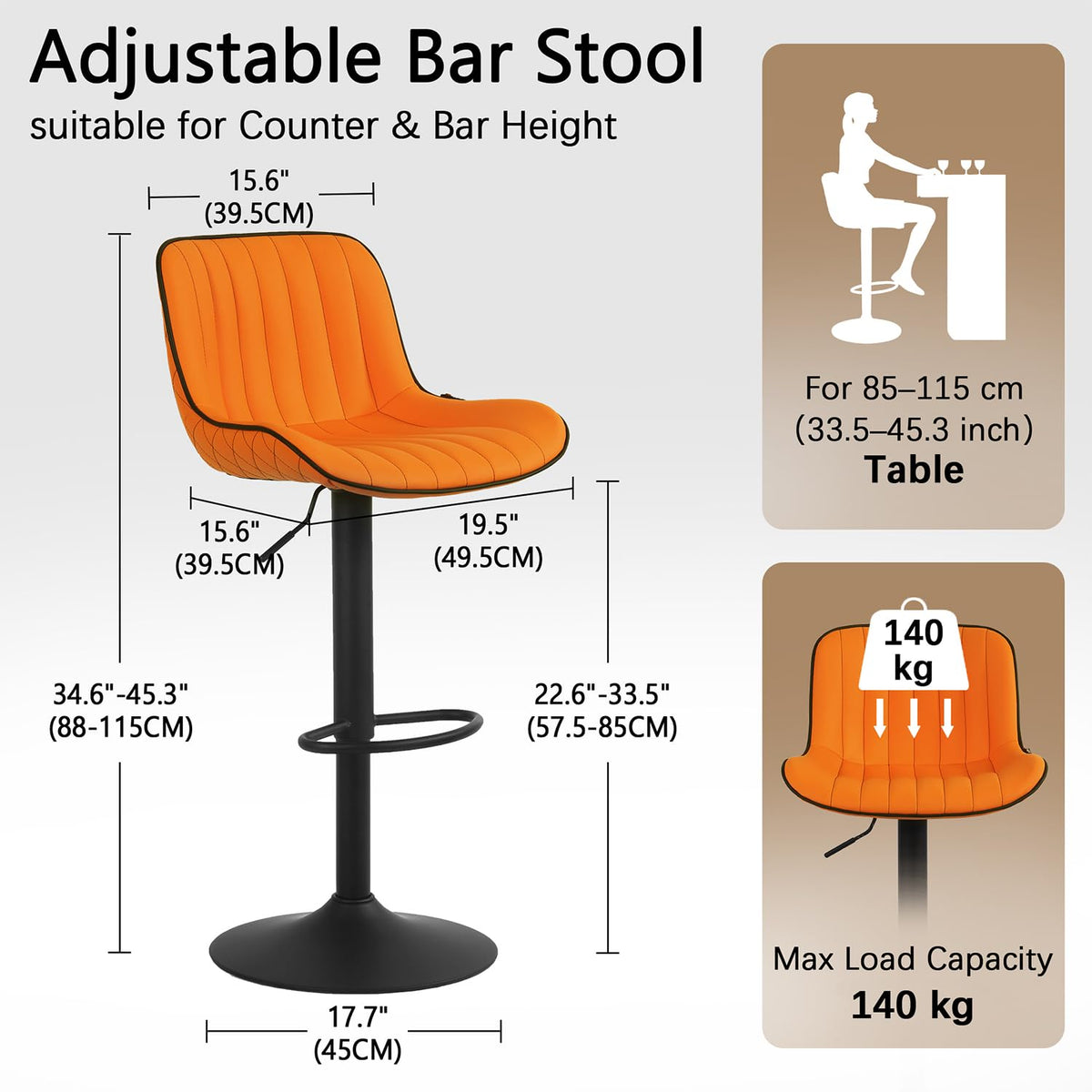 YOUNUOKE Orange Bar Stools Set of 2 Modern Counter Height Barstool - image 2