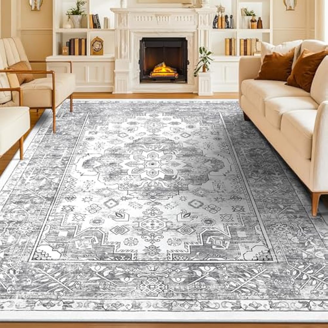 Enyhom Vintage Grey Area Rug | 180x270cm Washable Non-Slip Boho Carpet