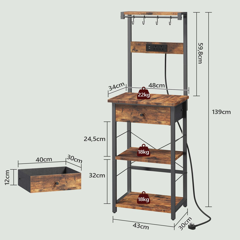 MAHANCRIS Bakers Rack, Microwave Stand, Coffee Bar Station, Kitchen Storage Shelf Rack with Drawer and Power Strip, 4 Hooks, for Kitchen, Living Room - image 3