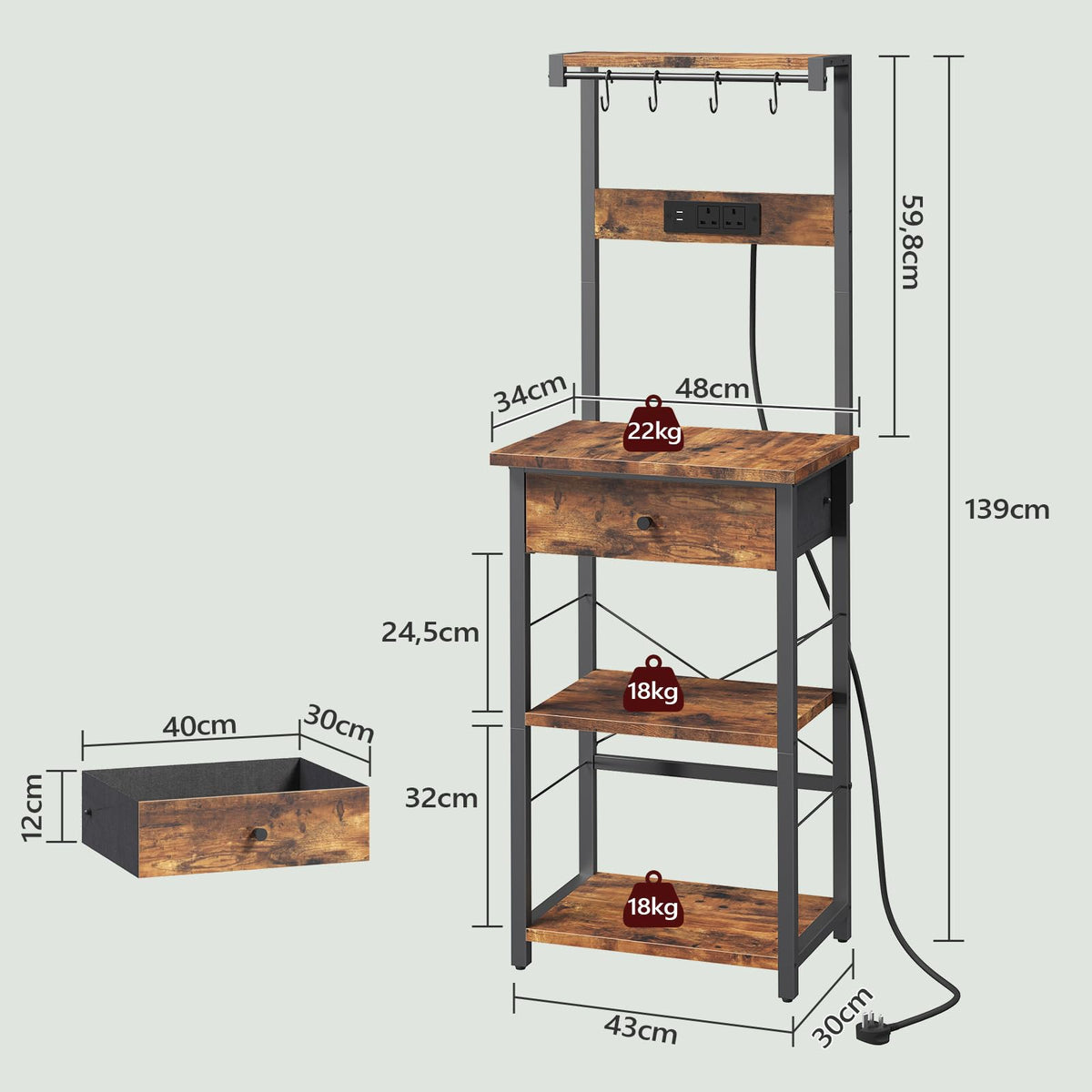 MAHANCRIS Bakers Rack, Microwave Stand, Coffee Bar Station, Kitchen Storage Shelf Rack with Drawer and Power Strip, 4 Hooks, for Kitchen, Living Room - image 3