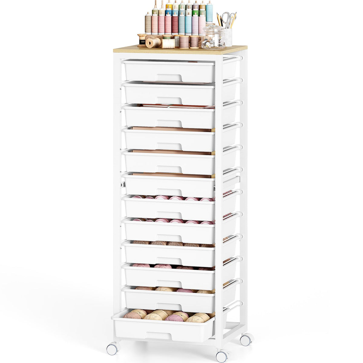 SYKIARIOL 12-Drawer Storage Trolley Rolling Cart with Wooden Top, White - image 1
