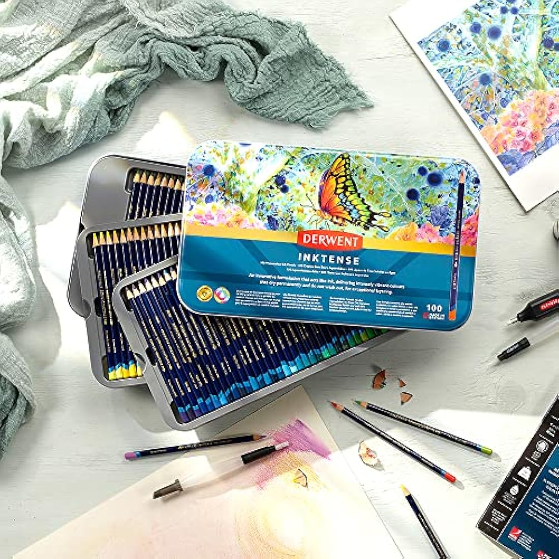 Derwent Inktense Pencils - 100 Permanent Water-Soluble Art Set in Tin