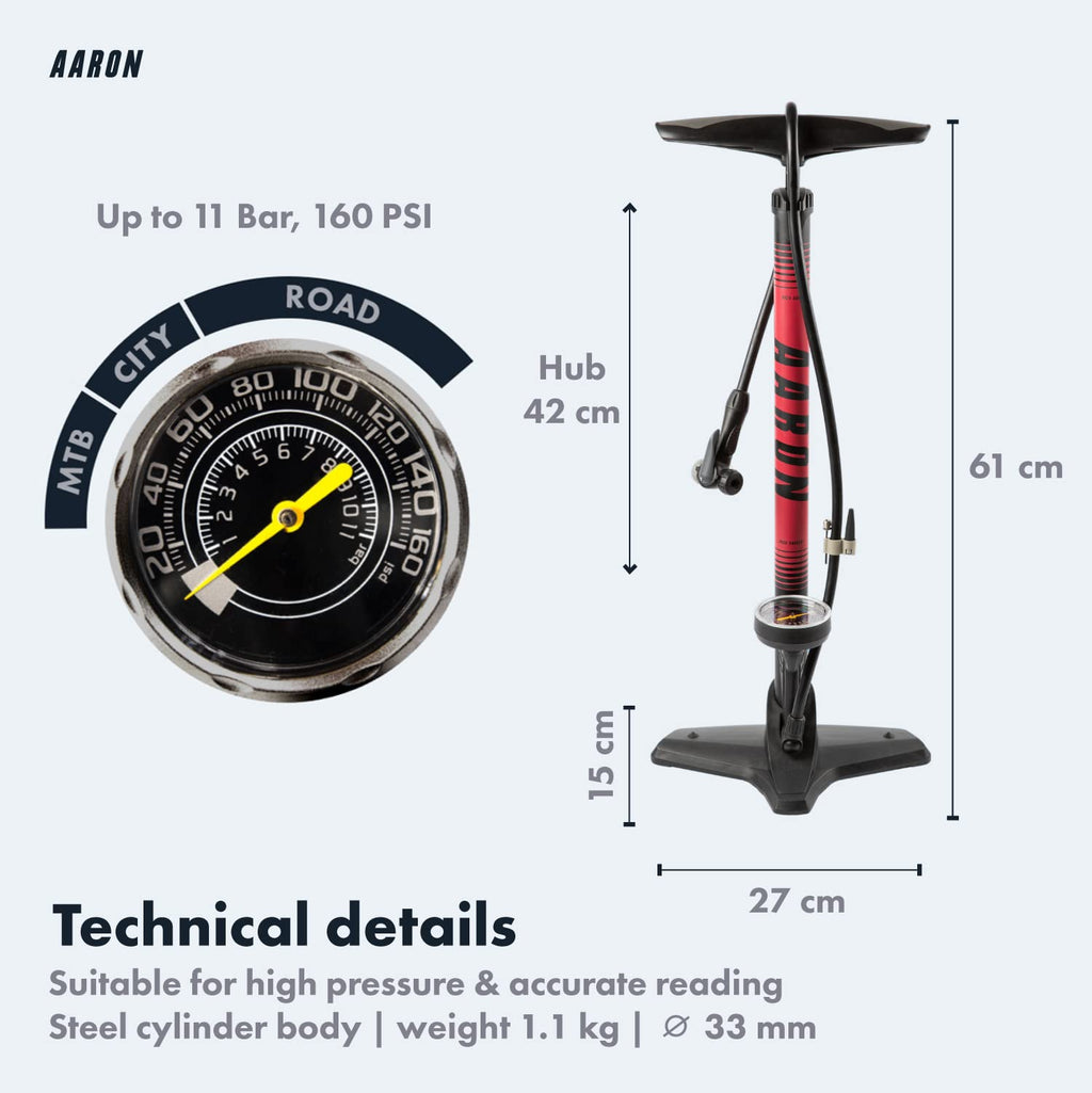 AARON Sport One Bike Floor Pump with Pressure Gauge - Fits All Valves