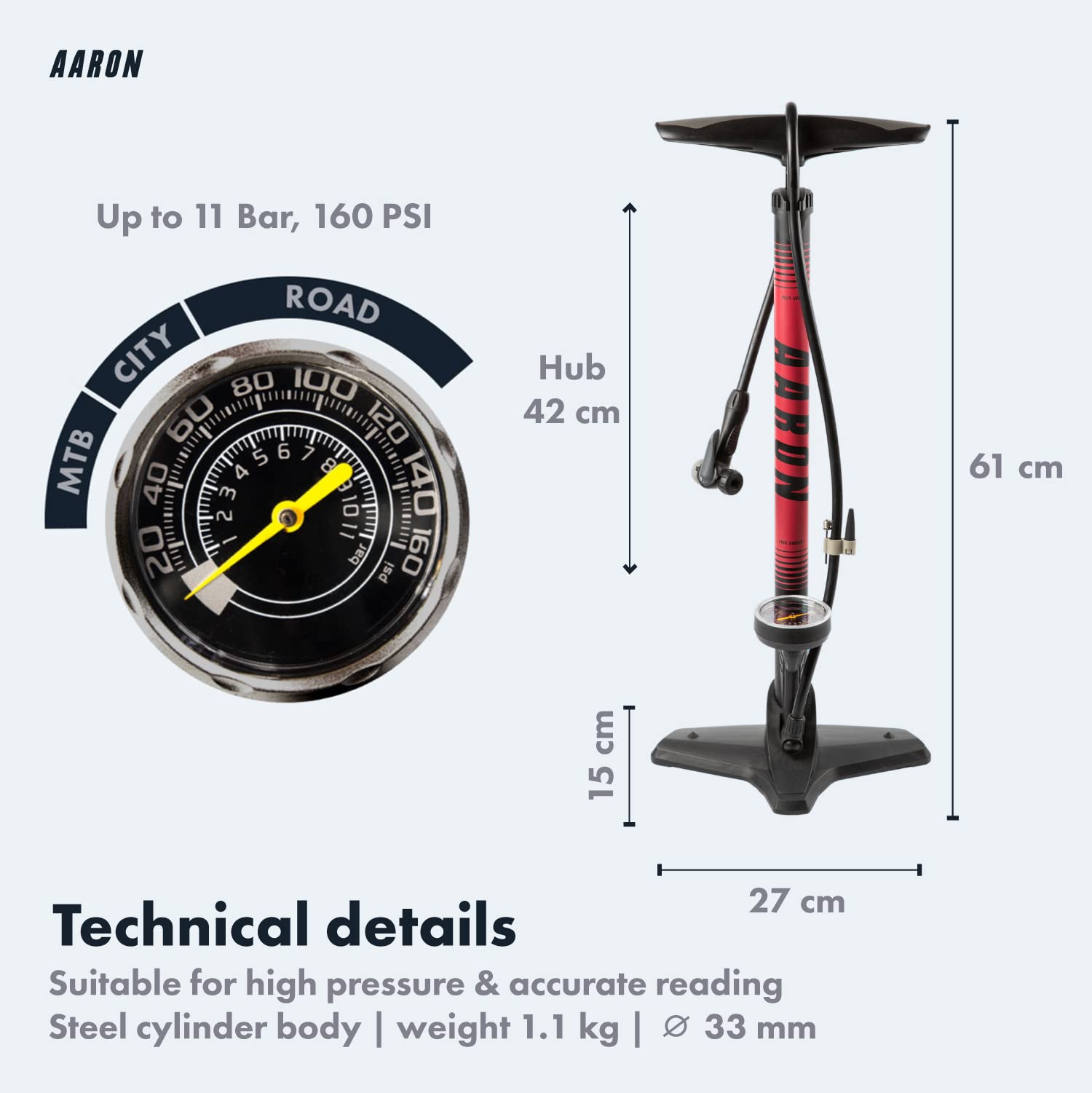 AARON Sport One Bike Floor Pump with Pressure Gauge - Fits All Valves