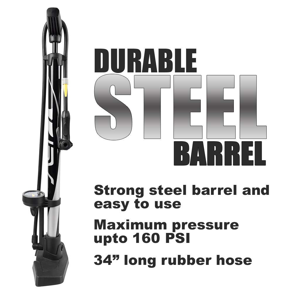 BV Steel Bike Floor Pump | 160 PSI Smart Valve for Presta & Schrader