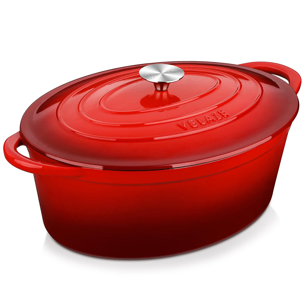 Velaze Enameled Cast Iron Dutch Oven - 7.5L Oval Casserole Dish, Red