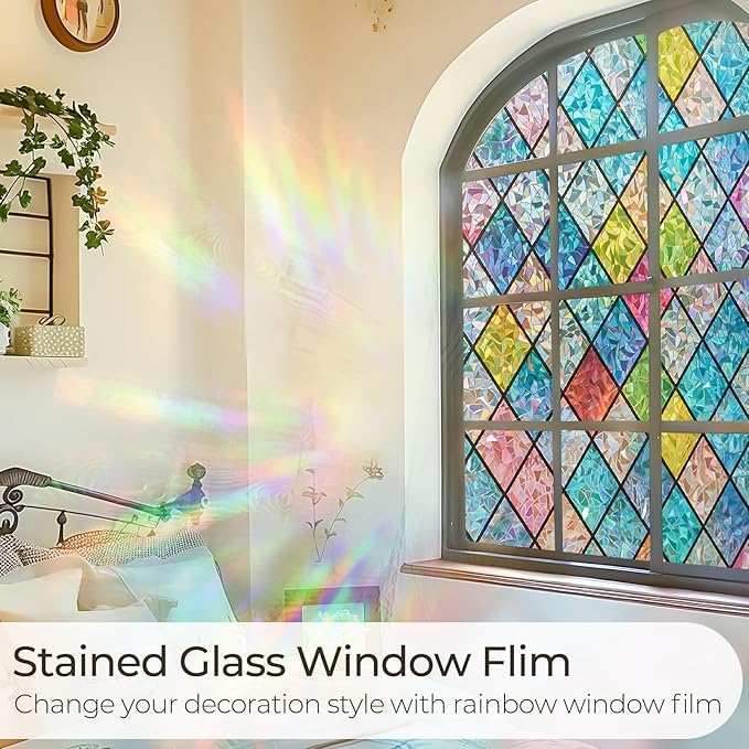 Rainbow Stained Glass Privacy Window Film - Static Cling 90x300cm