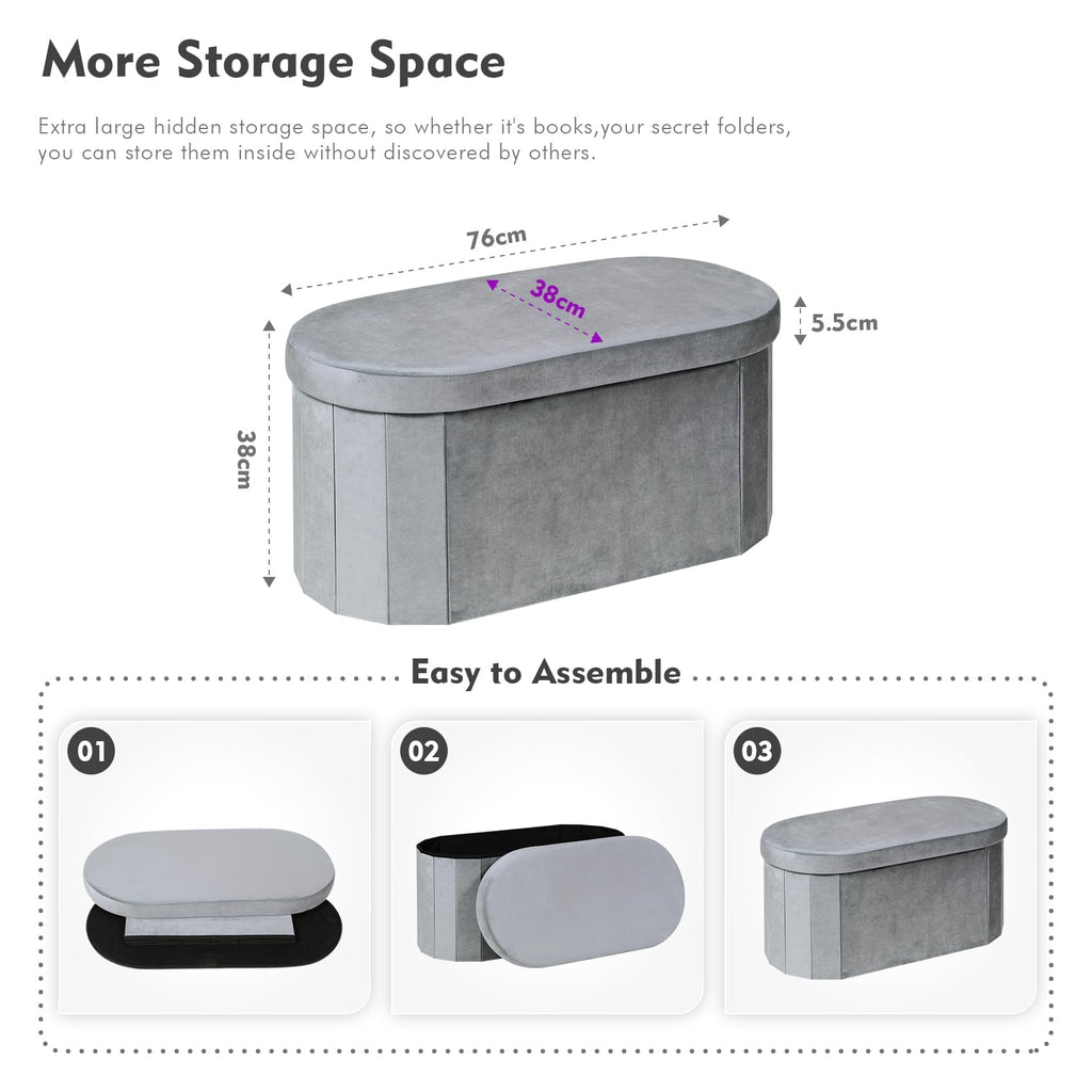 Bonlife Grey Velvet Ottoman Storage Bench | Foldable Oval Toy Box