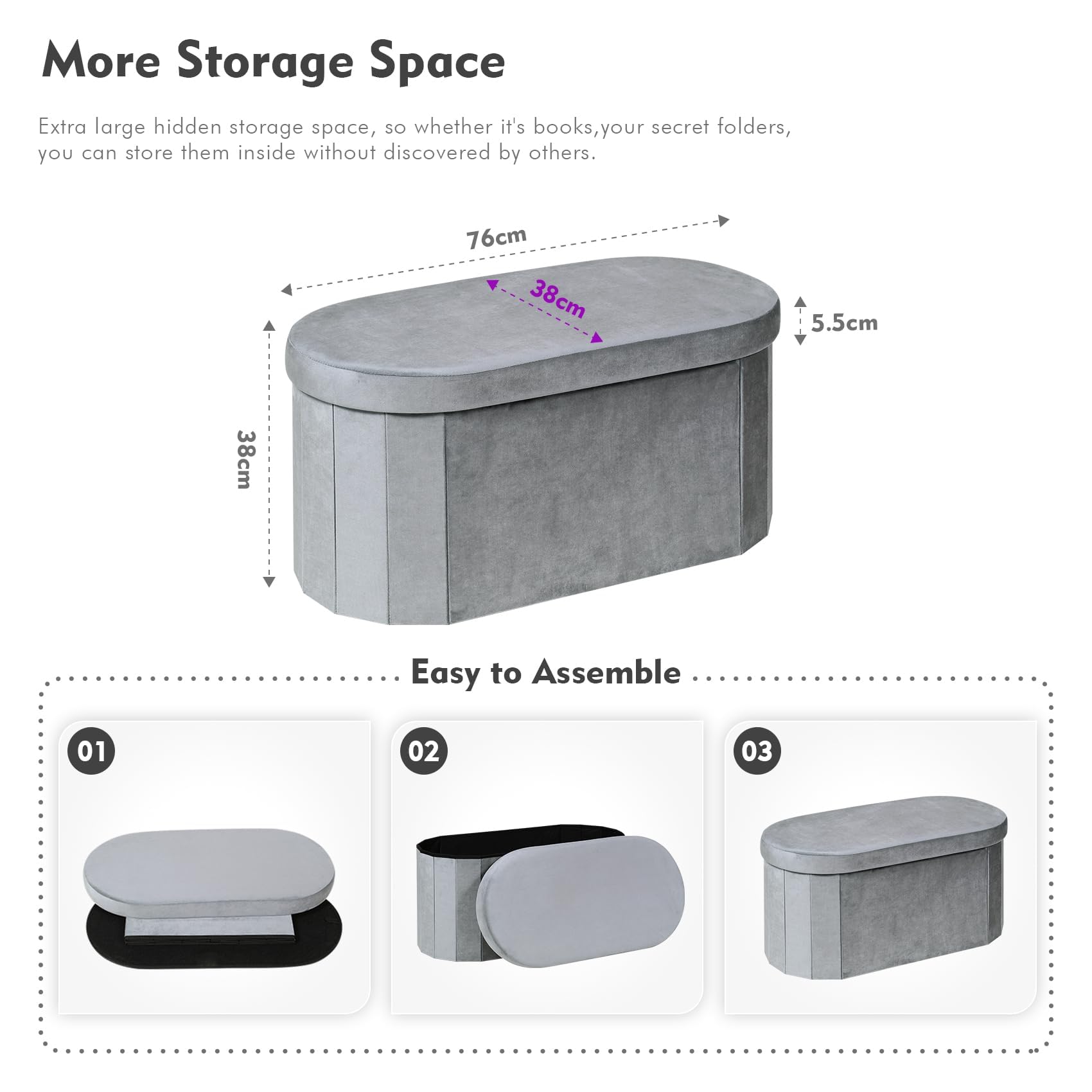 Bonlife Grey Velvet Ottoman Storage Bench | Foldable Oval Toy Box