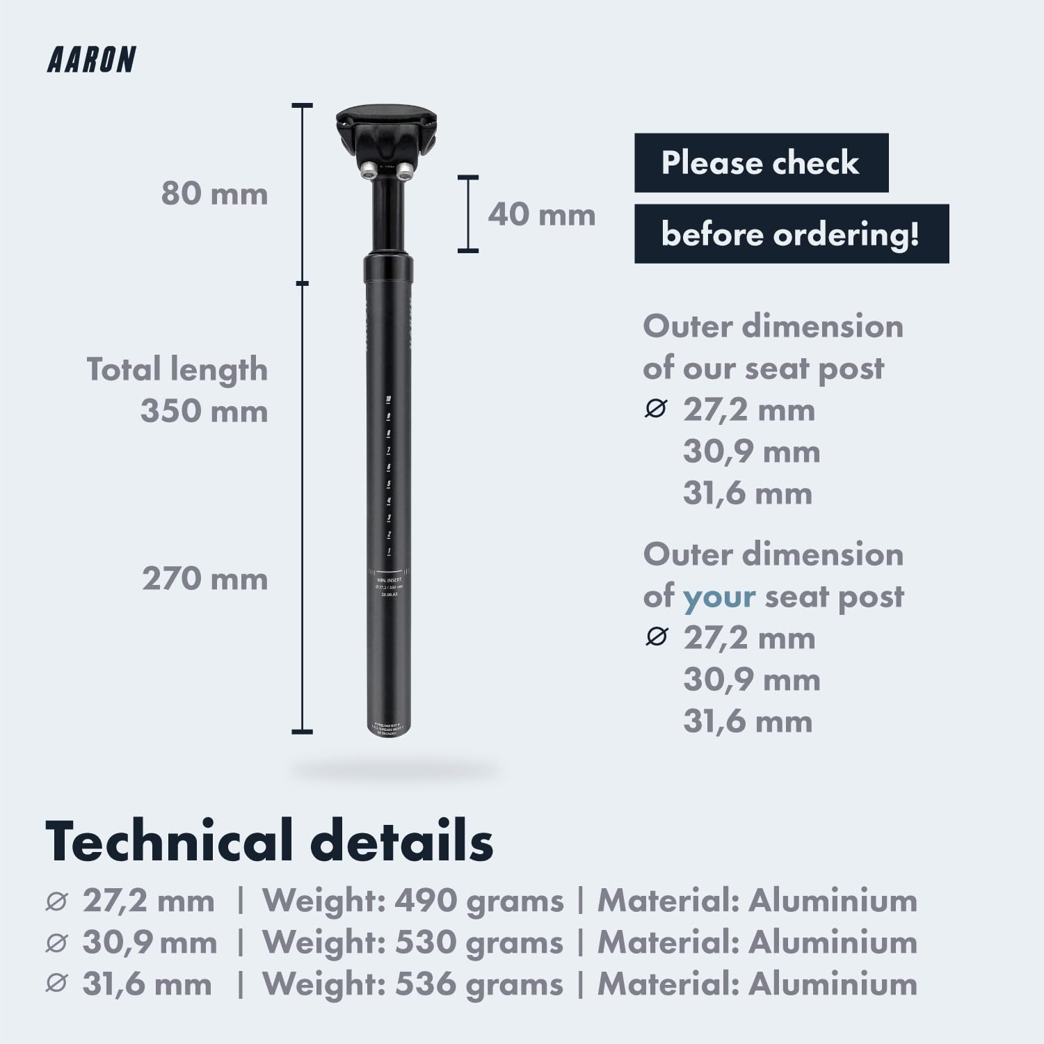 AARON Aluminum Suspension Bike Seatpost - 27.2mm x 350mm for MTB & E-Bikes