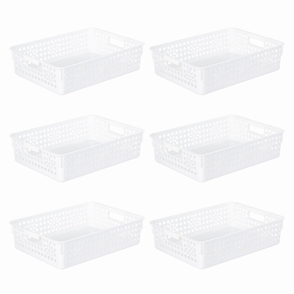 Cetomo Plastic Storage Box, Storage Baskets with Handle, Shelf Basket Organizer with Hole, Open Top Storage Bin for Home Kitchen Office, White