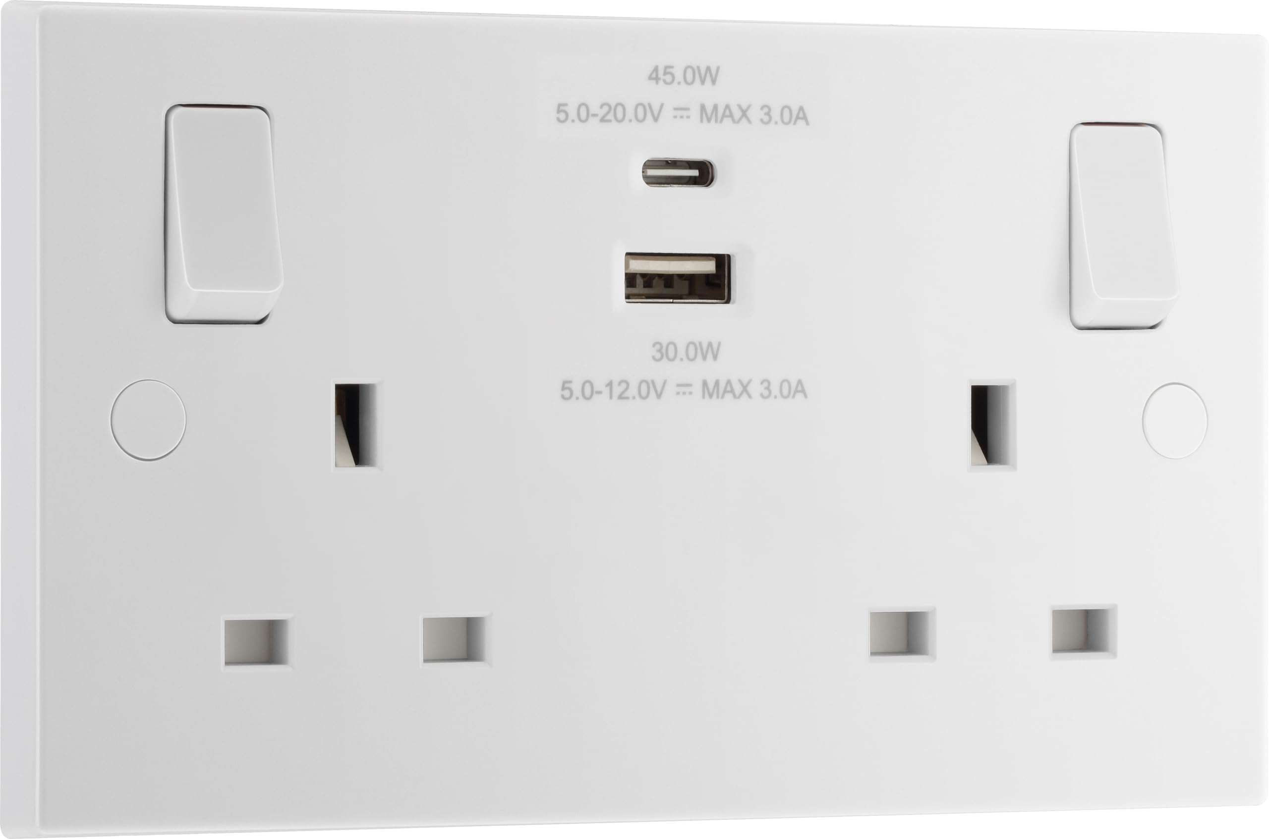 BG Electrical 45W Double Wall Socket | Fast USB A & C Ports | White