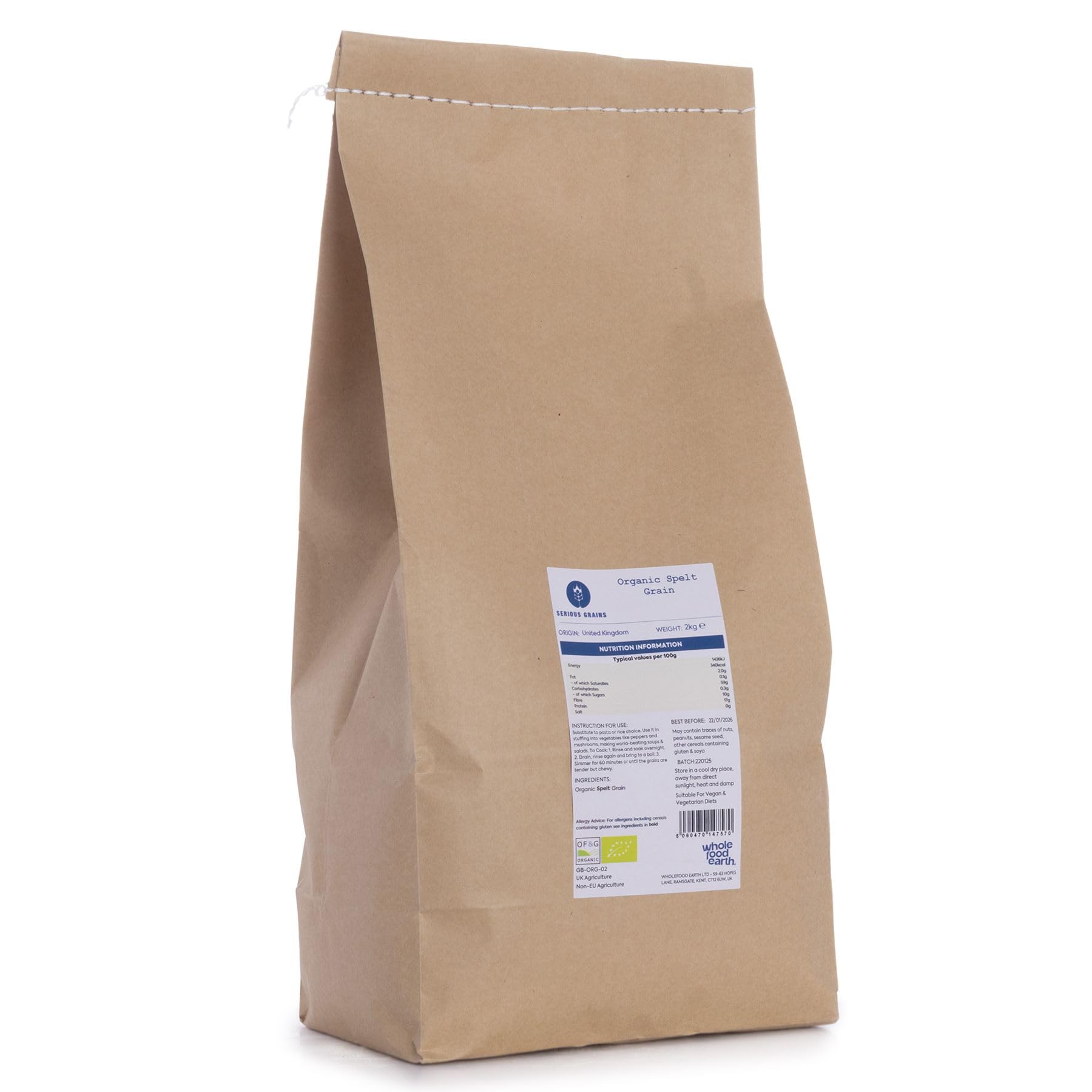 Wholefood Earth Organic Spelt Grain – 2kg Ancient Whole Grain for Baking