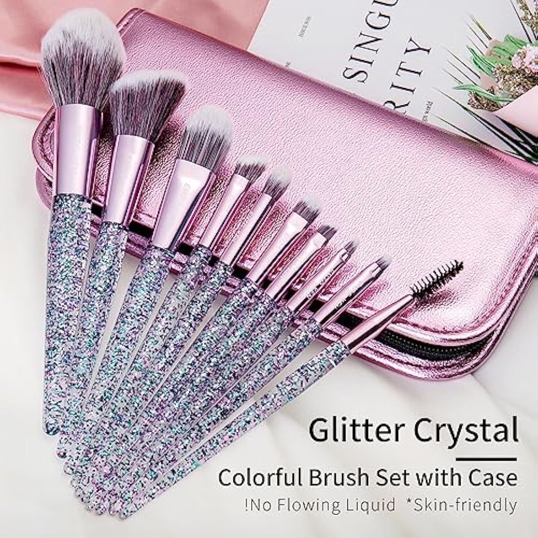ENZO KEN Professional Vegan Makeup Brushes Set with Case – Purple Glitter