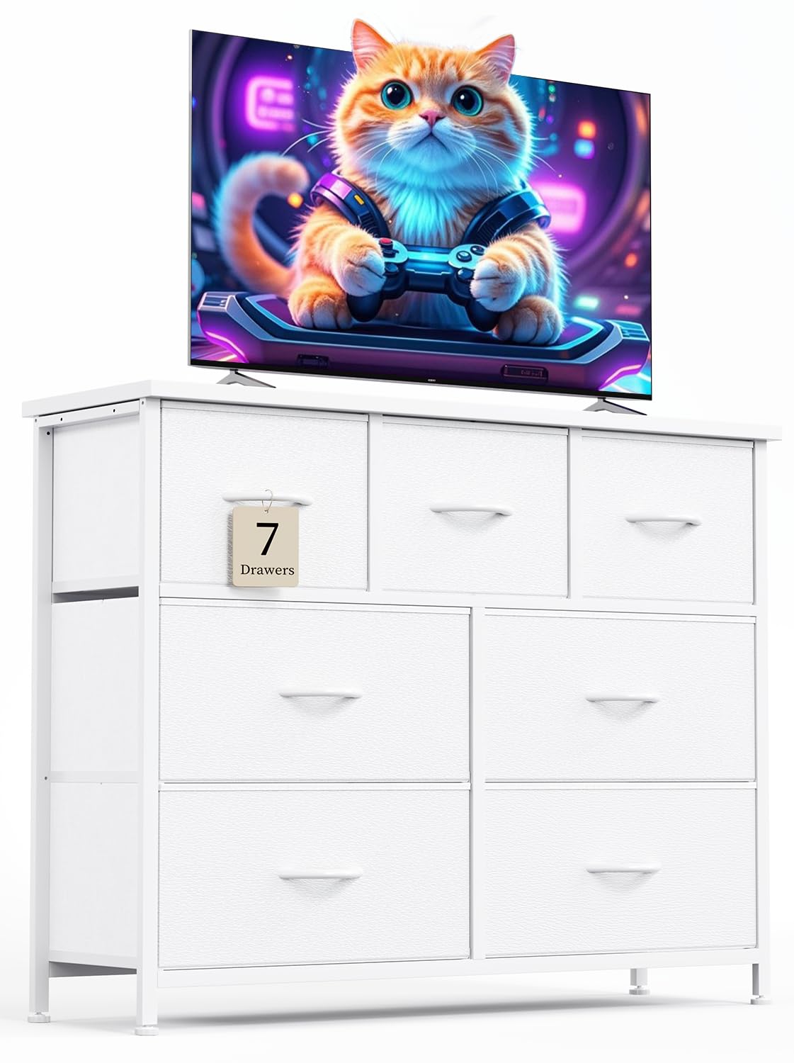CAIYUN 7-Drawer Dresser | Tall White Fabric Chest of Drawers for Bedroom
