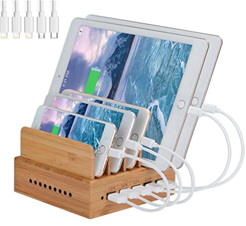 Yisen Bamboo 5-Port USB Charging Station – Multi-Device Desk Organizer Stand