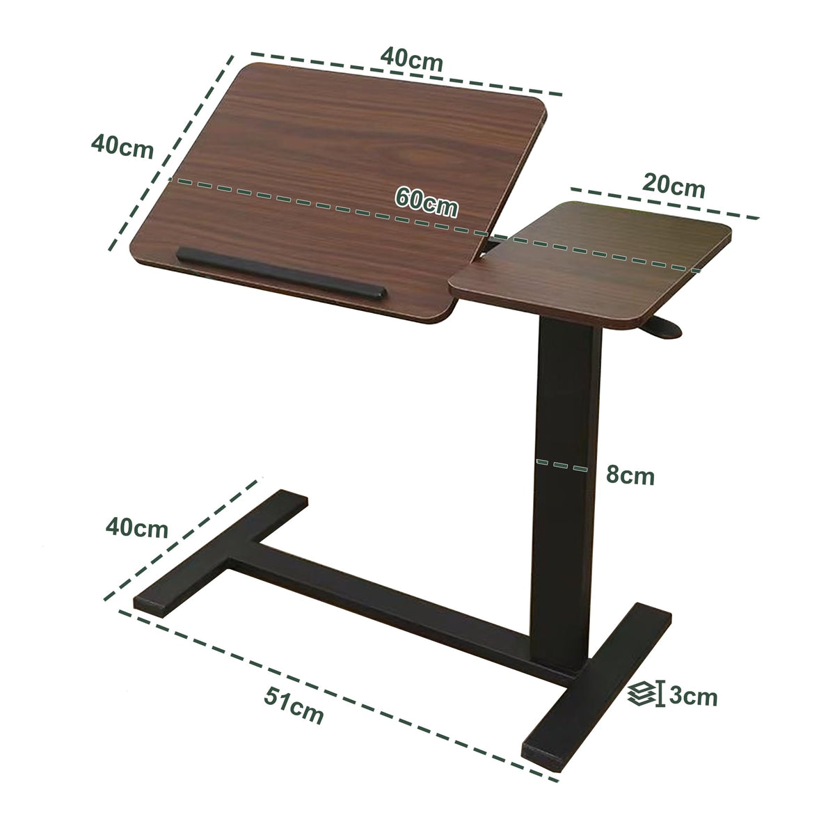 YunMeoCool C Shaped Side Table Adjustable Height with Hidden Wheels, Dual Pneumatic Lift & Tilt Top, 60x40cm Mobile Overbed Table That Slide Under - image 2