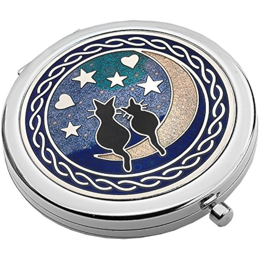 Jolof Store Cats on Moon Enameled Pewter Compact Mirror Handbag Accessory