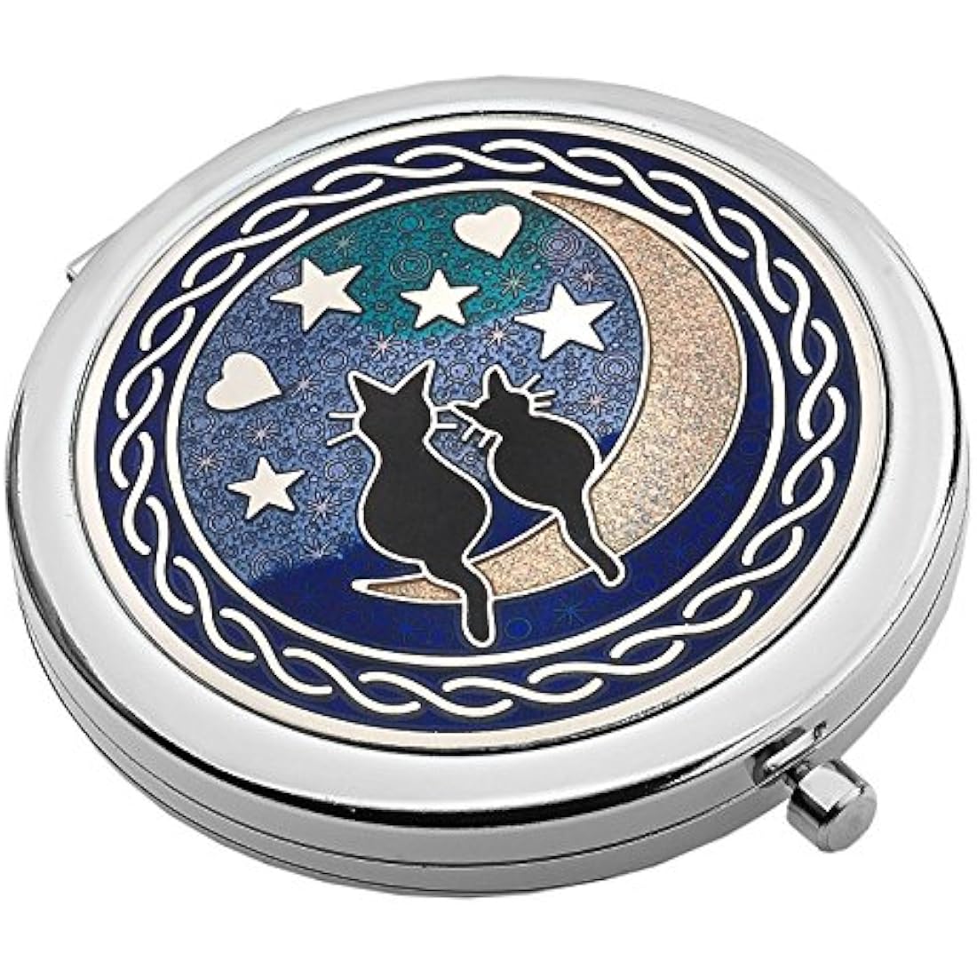 Jolof Store Cats on Moon Enameled Pewter Compact Mirror Handbag Accessory