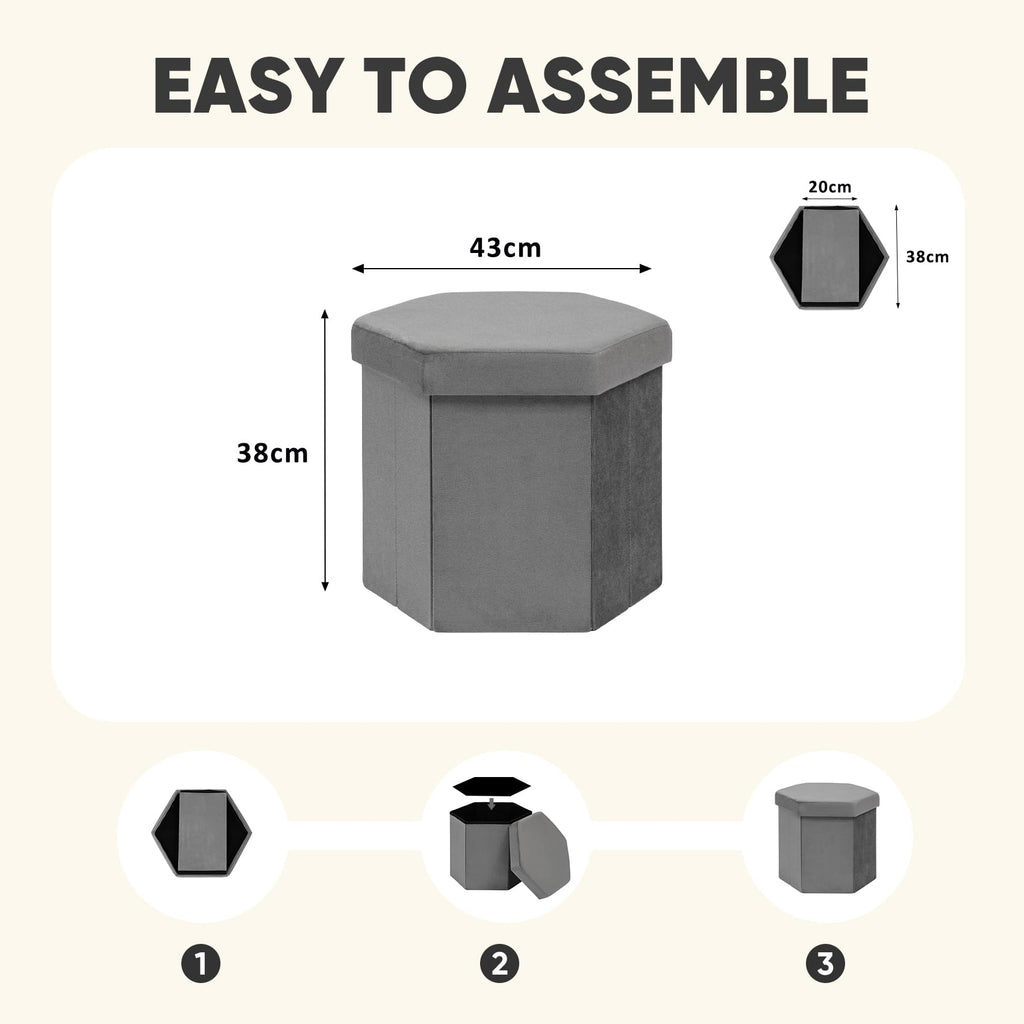PINPLUS Hexagonal Storage Ottoman, Velvet Foldable Footstool, Grey