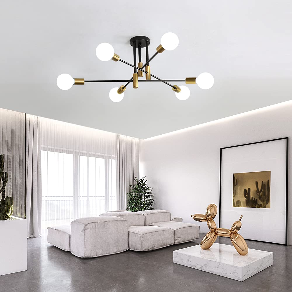 DAXGD 6-Light Modern Sputnik Ceiling Light – Black & Gold Flush Mount