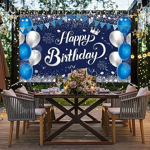 Happy Birthday Banner – Blue & Silver Fabric Party Backdrop