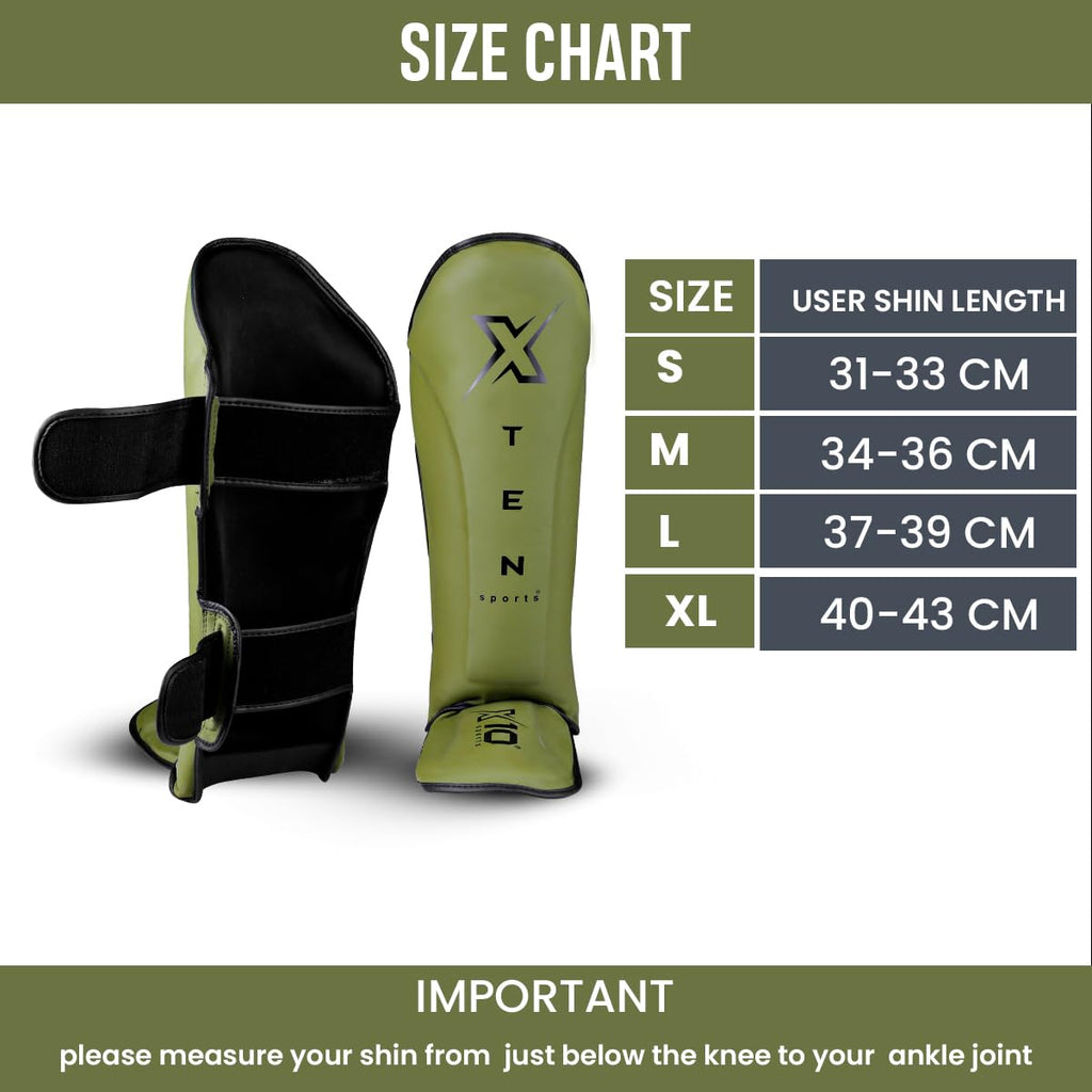 XTEN SPORTS Muay Thai Shin Guards – Gel Padded Leather – Olive Green