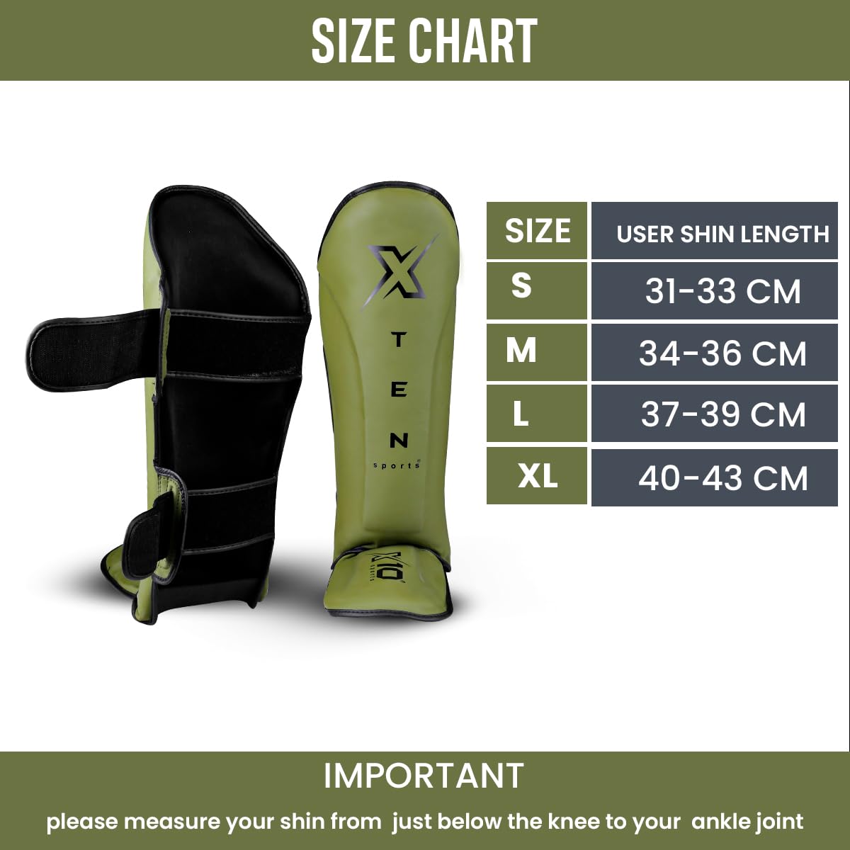 XTEN SPORTS Muay Thai Shin Guards – Gel Padded Leather – Olive Green