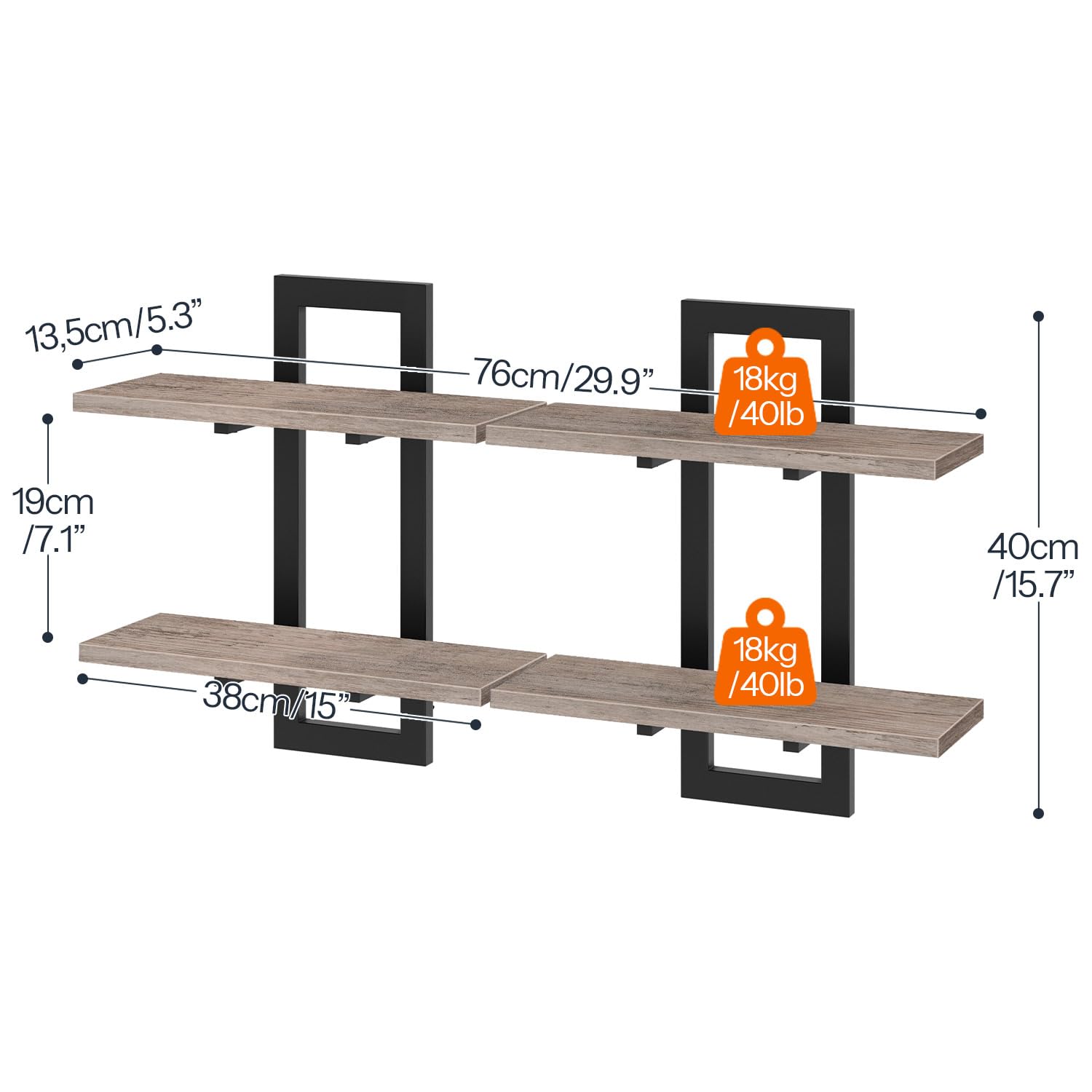 HOOBRO 2-Tier Floating Shelves Set | Greige & Black Wall Mounted Racks