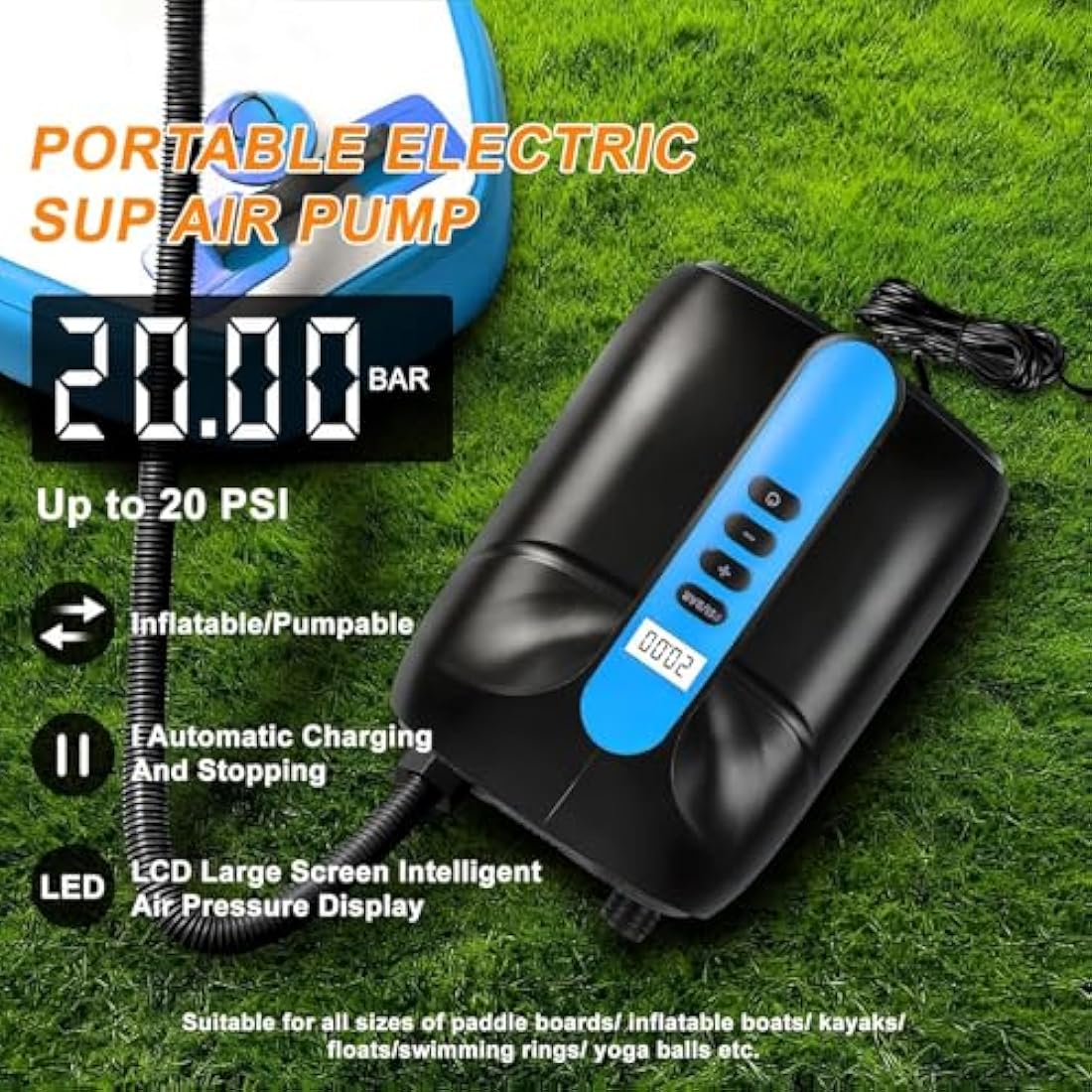 20PSI Electric SUP Pump - 12V Dual Stage Paddle Board Inflator