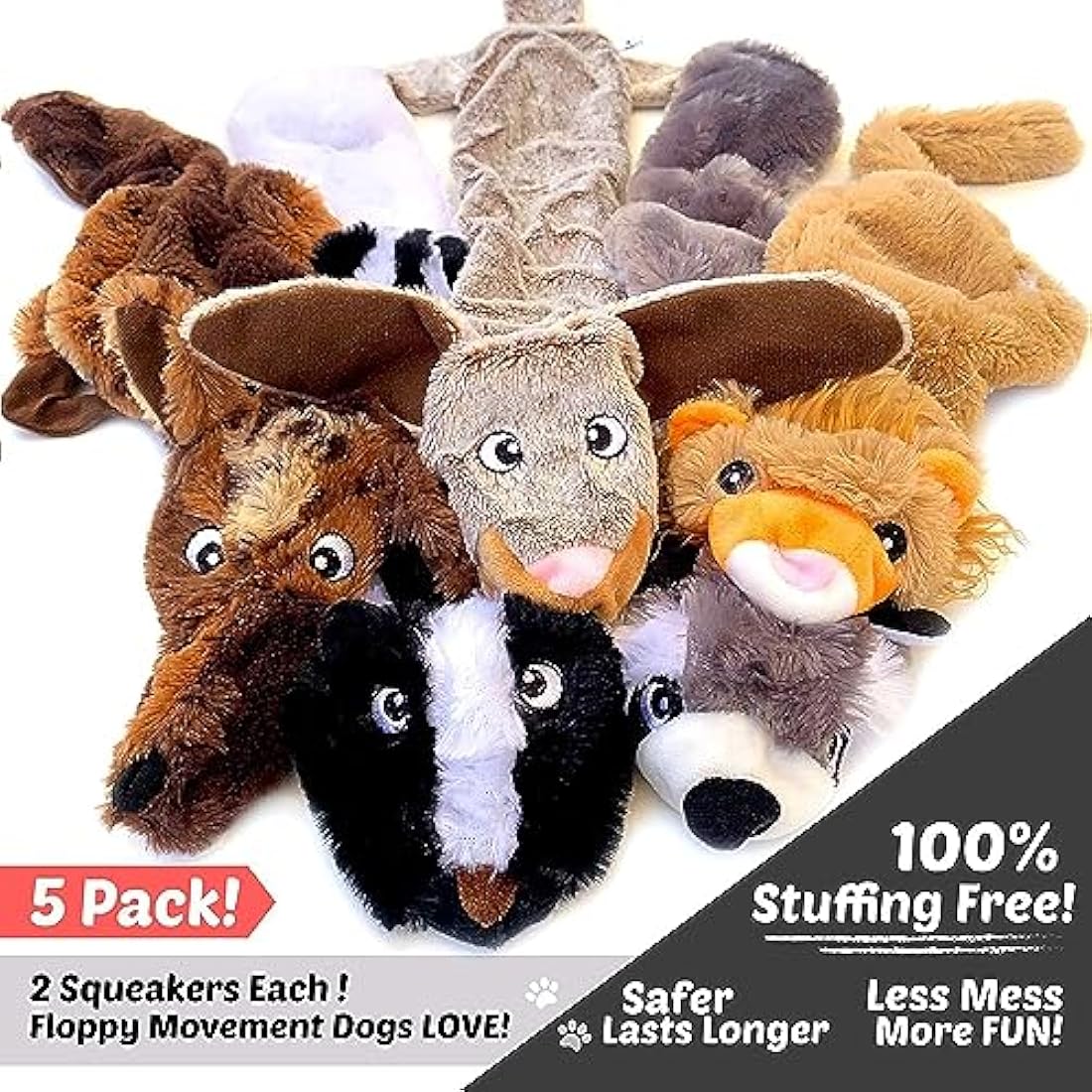 Stuffing Free Squeaky Dog Toys – 5 Pack Durable Plush Animals