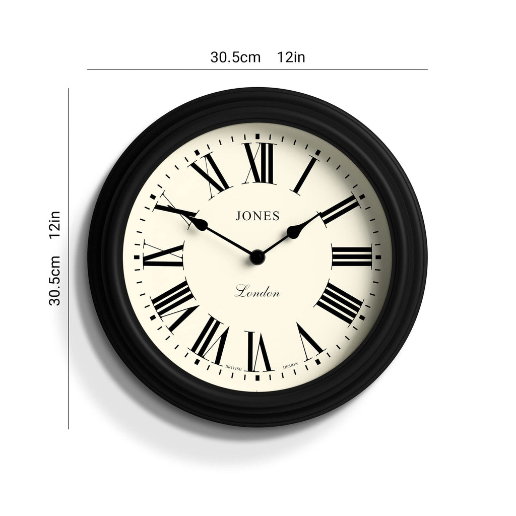 Jones Clocks Venetian Wall Clock | 30cm Black Roman Numeral Design