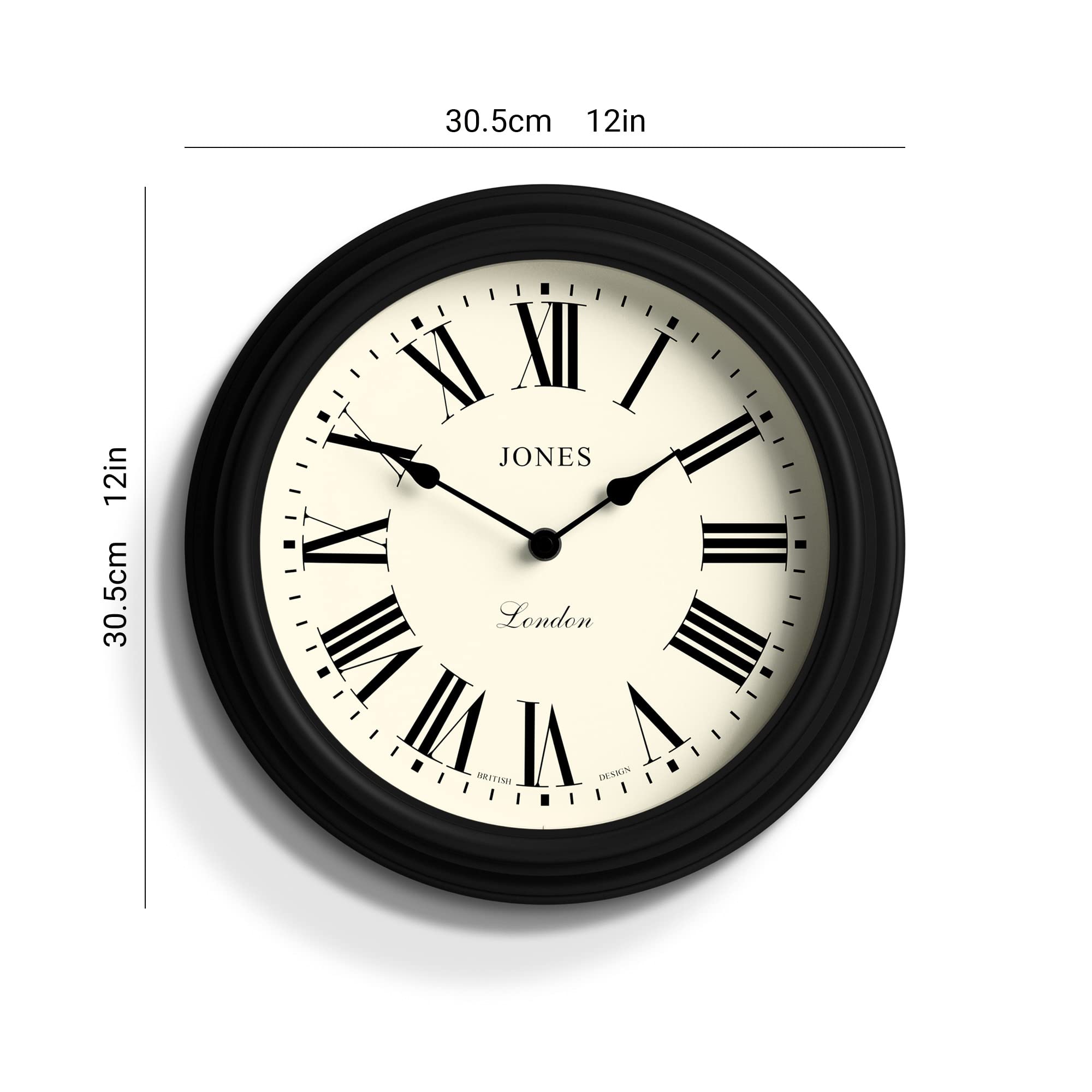 Jones Clocks Venetian Wall Clock | 30cm Black Roman Numeral Design